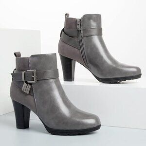 Women's Zipper Booties Chunky Stacked Heel Ankle Boots Buckle Strap Ankle-Grey